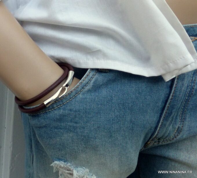 N3923n_Bracelet_2_tours_cuir_crochet_metal_argente_-_Bijoux_Bracelets_en_ligne_Ninanina