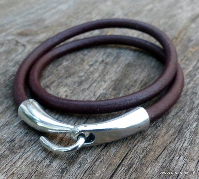 N3923o_Bracelet_2_tours_cuir_crochet_metal_argente_-_Bijoux_Bracelets_en_ligne_Ninanina
