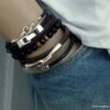 N3923p_Bracelet_2_tours_cuir_crochet_metal_argente_-_Bijoux_Bracelets_en_ligne_Ninanina