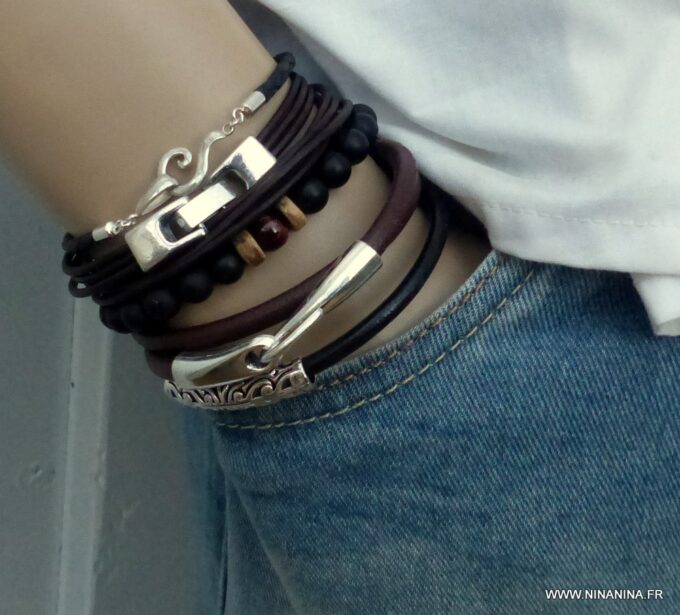 N3923p_Bracelet_2_tours_cuir_crochet_metal_argente_-_Bijoux_Bracelets_en_ligne_Ninanina