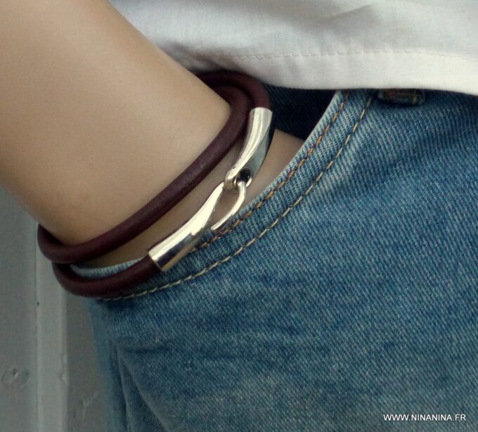 N3923q_Bracelet_2_tours_cuir_crochet_metal_argente_-_Bijoux_Bracelets_en_ligne_Ninanina