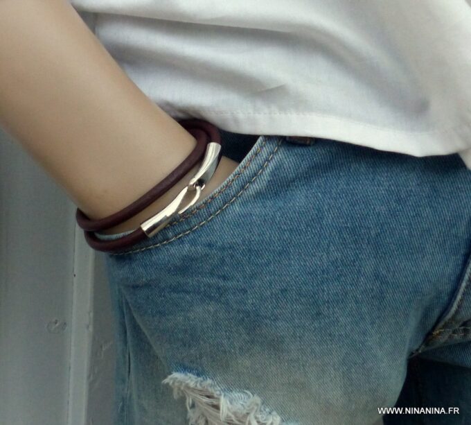 N3923r_Bracelet_2_tours_cuir_crochet_metal_argente_-_Bijoux_Bracelets_en_ligne_Ninanina