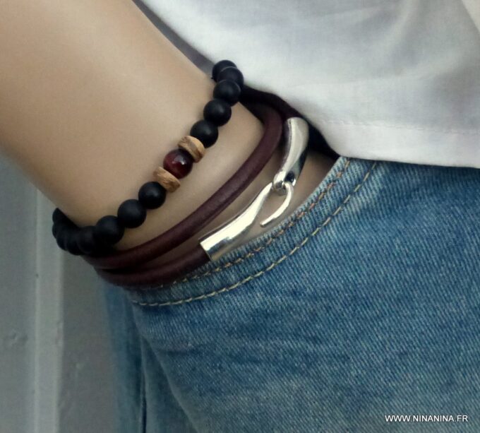 N3923s_Bracelet_2_tours_cuir_crochet_metal_argente_-_Bijoux_Bracelets_en_ligne_Ninanina