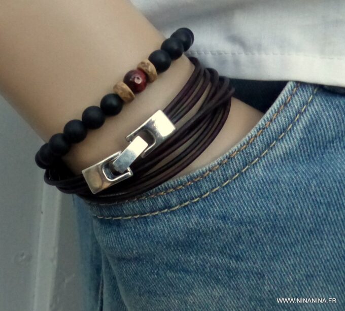 N3925b_Bracelet_wrap_cordon_cuir_fermoir_rectangle_metal_argente_-_Bijoux_Bracelets_en_ligne_ninanina