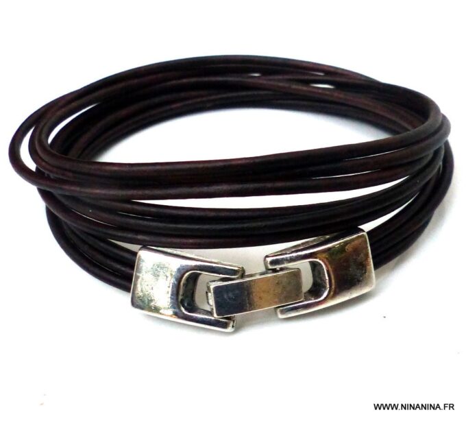 N3925c_Bracelet_wrap_cordon_cuir_fermoir_rectangle_metal_argente_-_Bijoux_Bracelets_en_ligne_ninanina