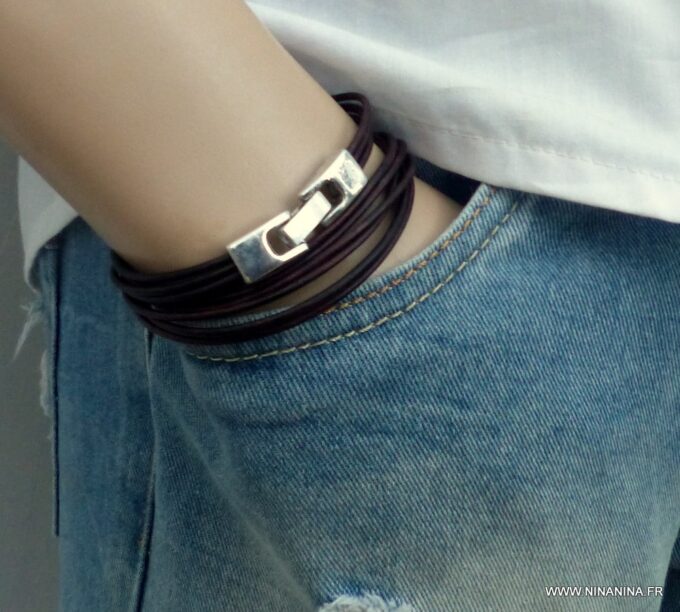 N3925d_Bracelet_wrap_cordon_cuir_fermoir_rectangle_metal_argente_-_Bijoux_Bracelets_en_ligne_ninanina