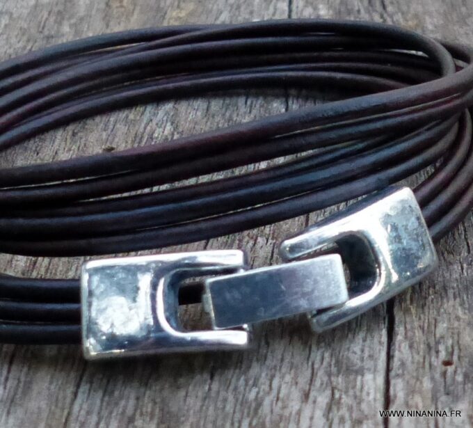 N3925e_Bracelet_wrap_cordon_cuir_fermoir_rectangle_metal_argente_-_Bijoux_Bracelets_en_ligne_ninanina