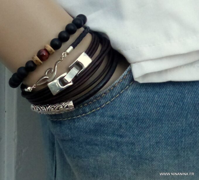 N3925f_Bracelet_wrap_cordon_cuir_fermoir_rectangle_metal_argente_-_Bijoux_Bracelets_en_ligne_ninanina