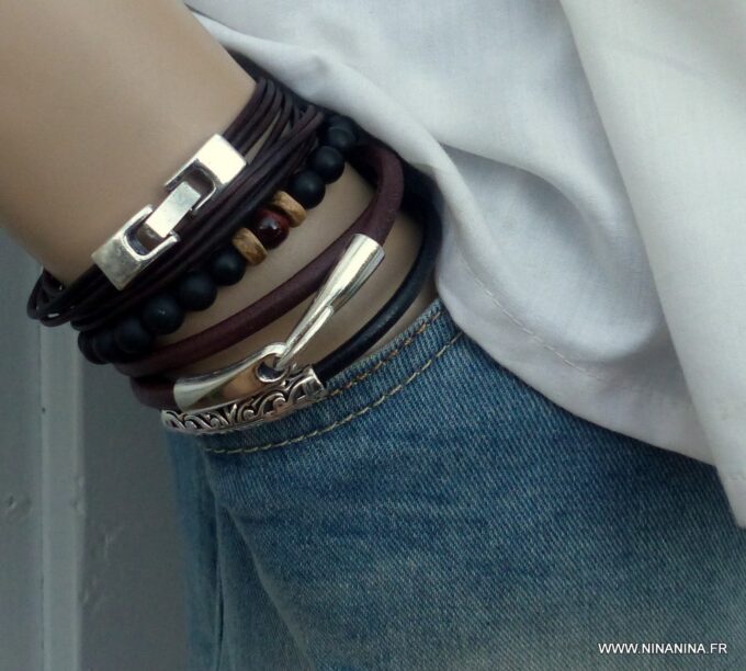 N3925h_Bracelet_wrap_cordon_cuir_fermoir_rectangle_metal_argente_-_Bijoux_Bracelets_en_ligne_ninanina