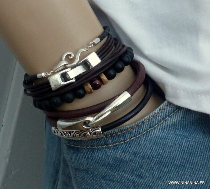 N3925j_Bracelet_wrap_cordon_cuir_fermoir_rectangle_metal_argente_-_Bijoux_Bracelets_en_ligne_ninanina