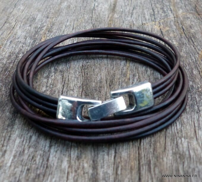 N3925k_Bracelet_wrap_cordon_cuir_fermoir_rectangle_metal_argente_-_Bijoux_Bracelets_en_ligne_ninanina