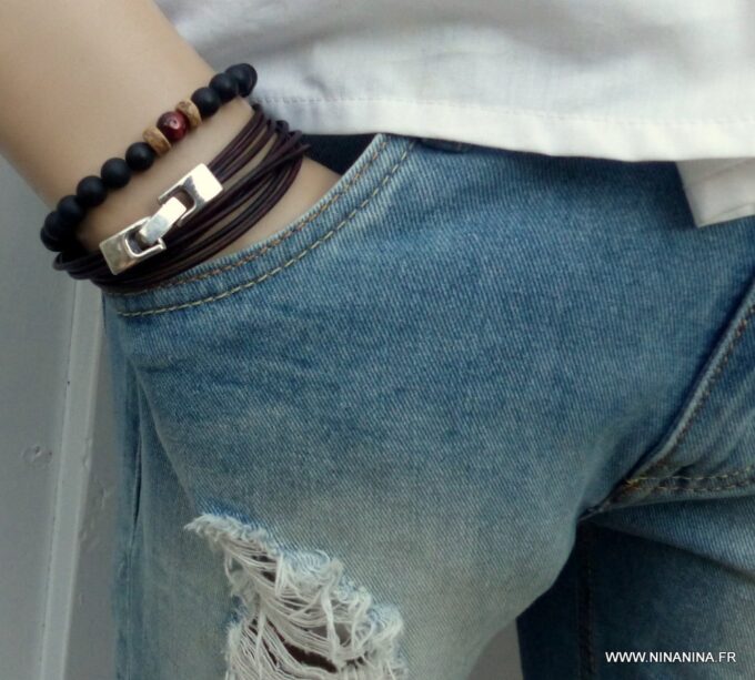 N3925l_Bracelet_wrap_cordon_cuir_fermoir_rectangle_metal_argente_-_Bijoux_Bracelets_en_ligne_ninanina