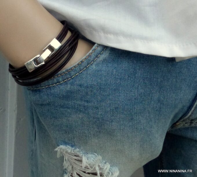 N3925m_Bracelet_wrap_cordon_cuir_fermoir_rectangle_metal_argente_-_Bijoux_Bracelets_en_ligne_ninanina