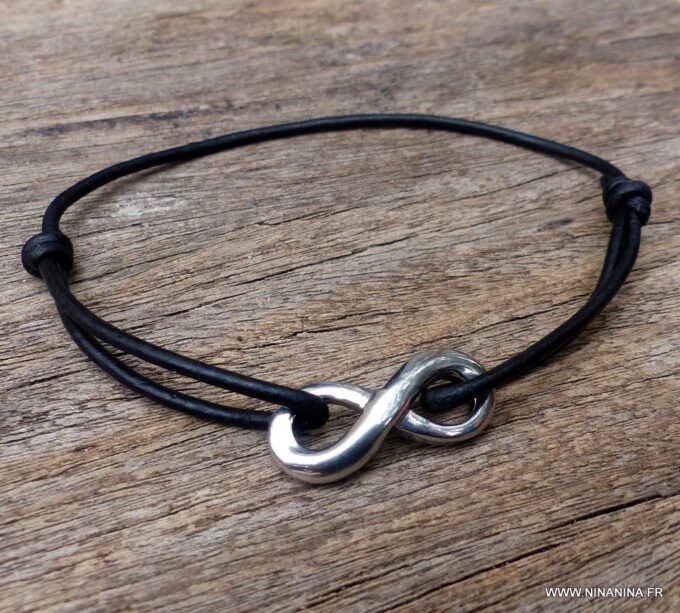 N3956d_Bracelet_homme_cordon_cuir_infini_acier_argente_-_Bijoux_Bracelets_en_ligne_Ninanina