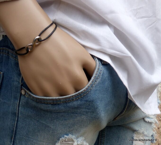 N3956g_Bracelet_homme_cordon_cuir_infini_acier_argente_-_Bijoux_Bracelets_en_ligne_Ninanina