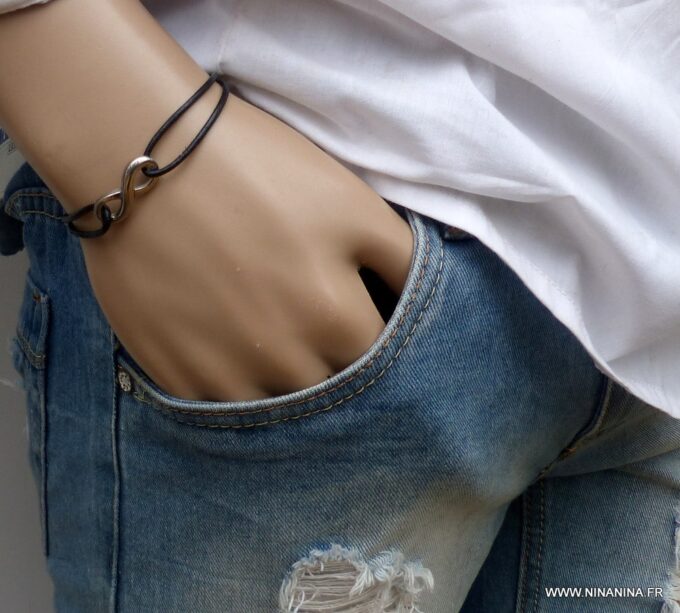 N3956j_Bracelet_homme_cordon_cuir_infini_acier_argente_-_Bijoux_Bracelets_en_ligne_Ninanina