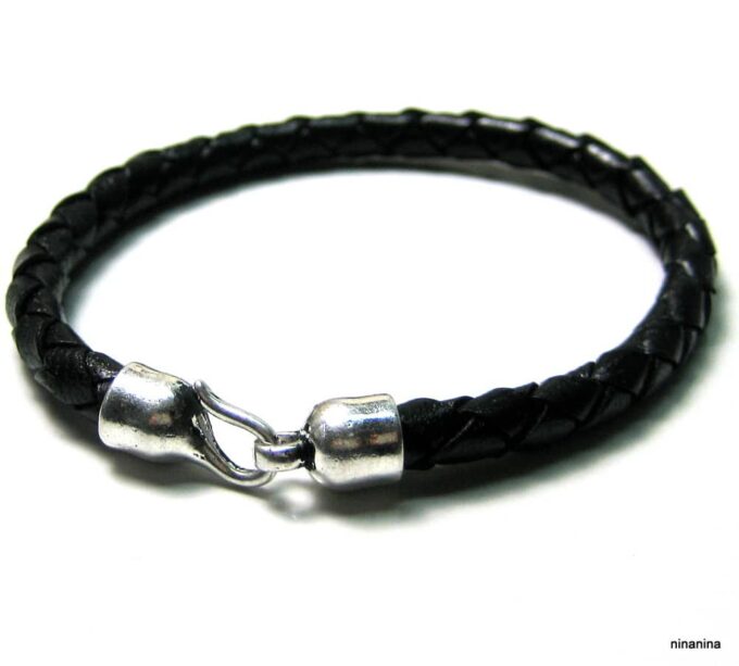 N3973_bracelet_homme_cuir_tresse_crochet_metal_argent