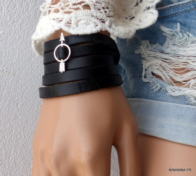 N4061b_Bracelet_wrap_5_tours_cordon_cuir_fleche_metal_argente_-_Bijoux_Bracelets_en_ligne_Ninanina