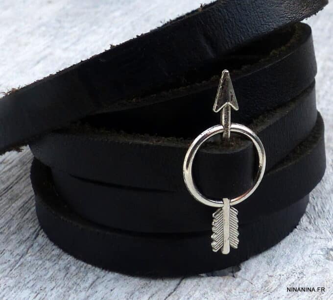N4061d_Bracelet_wrap_5_tours_cordon_cuir_fleche_metal_argente_-_Bijoux_Bracelets_en_ligne_Ninanina