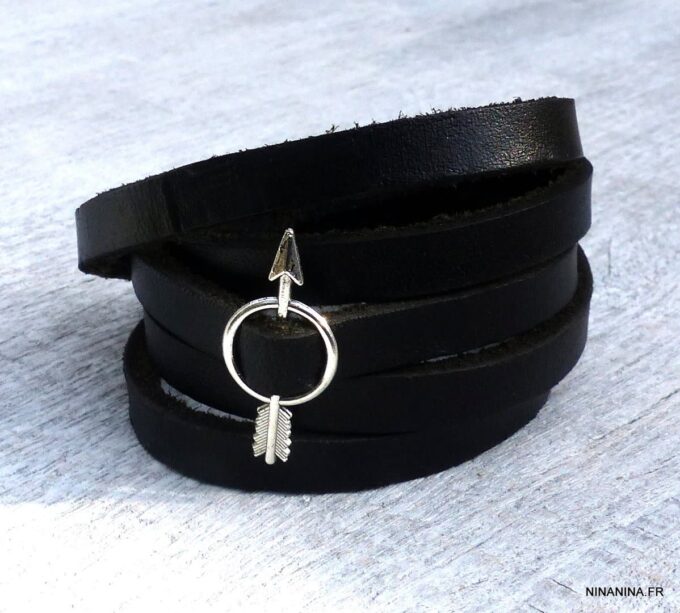 N4061f_Bracelet_wrap_5_tours_cordon_cuir_fleche_metal_argente_-_Bijoux_Bracelets_en_ligne_Ninanina