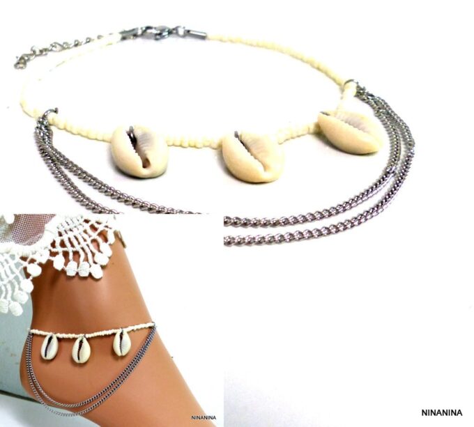 N4138c_bracelet_de_cheville_coquillages_cauri_rocailles_blanches_acier_inoxydable_NINANINA