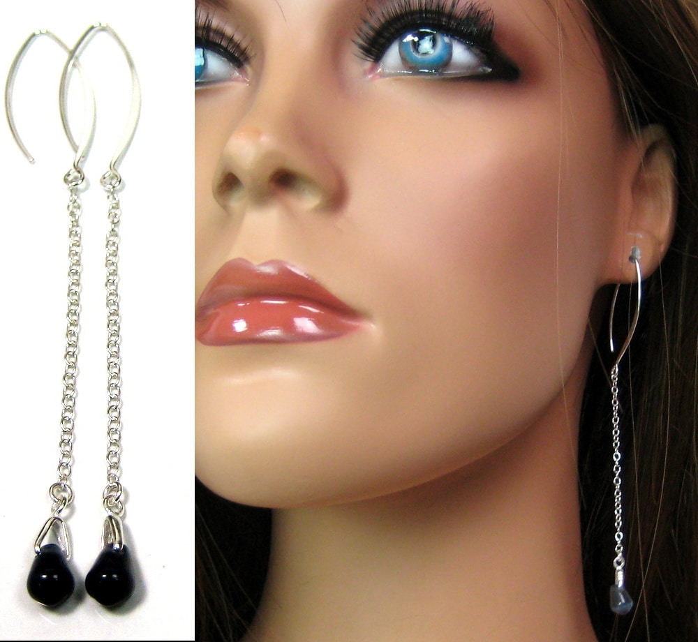 Boucles D'oreilles pendantes Argent 925 massif perles noires - Ninanina