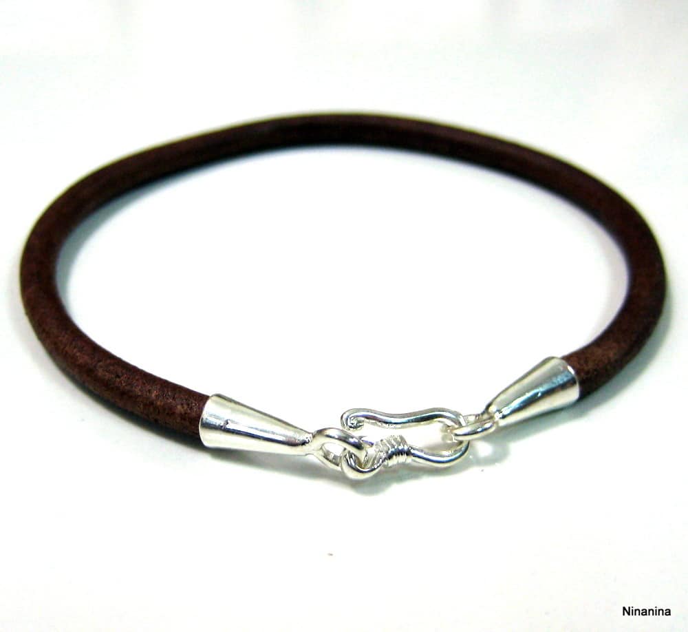 Bracelet artisanal cordon cuir fermoir crochet Plaqué Argent – Image 2