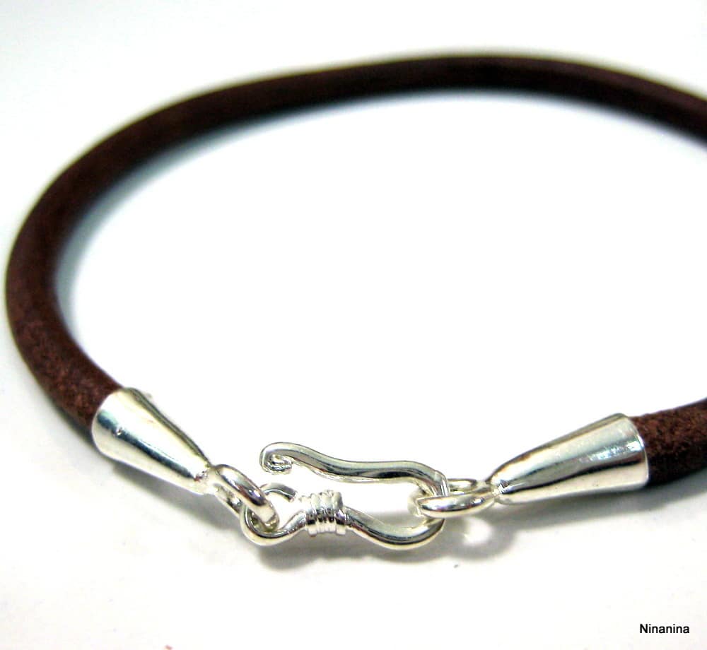 Bracelet artisanal cordon cuir fermoir crochet Plaqué Argent – Image 4