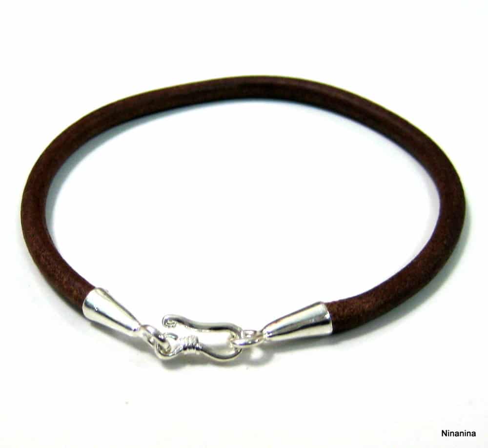 Bracelet artisanal cordon cuir fermoir crochet Plaqué Argent – Image 6