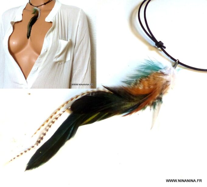 N4285d_Collier_femme_cordon_cuir_plumes_multicolores_NINANINA