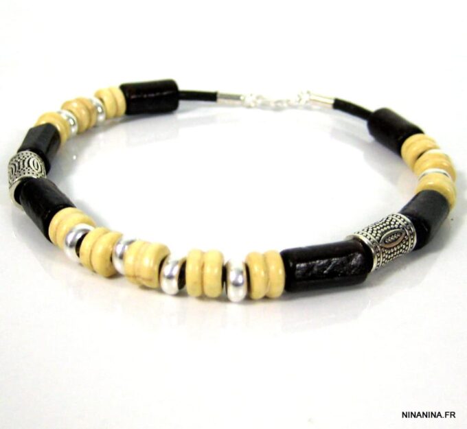 N4315c_bracelet_homme_perles_bois_turquoise_argent_massif