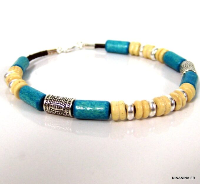 N4315g_bracelet_homme_perles_bois_turquoise_argent_massif
