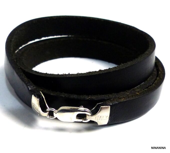 N4488e_Bracelet_homme_cuir_3_tours_personnalise_mousqueton_argent_massif
