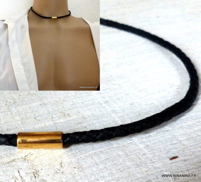 N4503_Collier_homme_cuir_fermoir_Acier_inoxydable_dore_-_Bijoux_Colliers_en_ligne_Ninanina