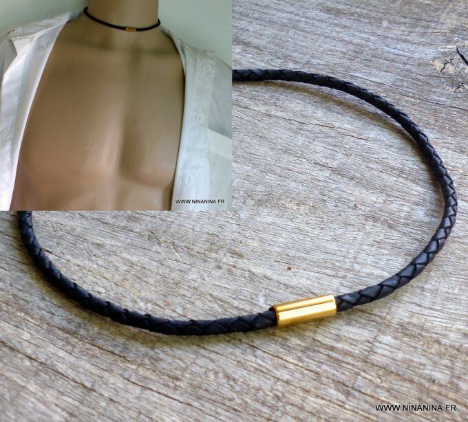 N4503_Collier_homme_cuir_tresse_noir_fermoir_aimante_acier_inoxydable_dore_NINANINA