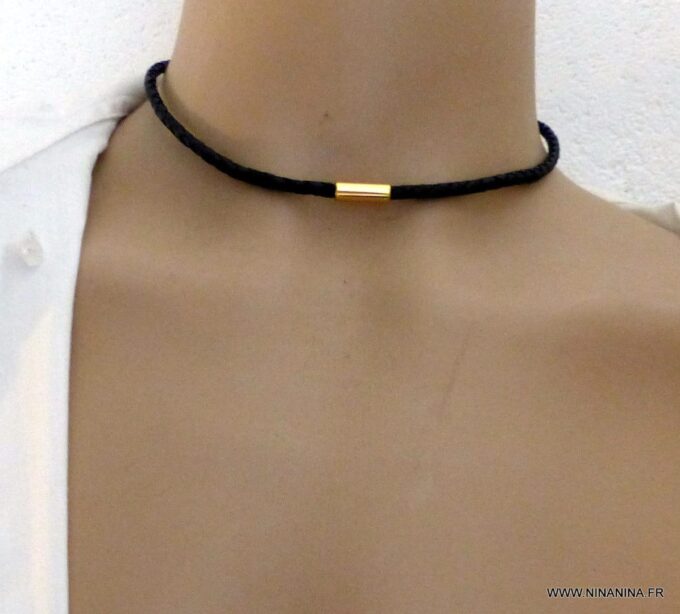 N4503c_Collier_homme_cuir_fermoir_Acier_inoxydable_dore_-_Bijoux_Colliers_en_ligne_Ninanina