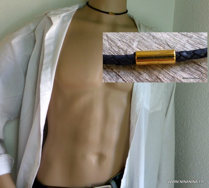 N4503c_Collier_homme_cuir_tresse_noir_fermoir_aimante_acier_inoxydable_dore_NINANINA