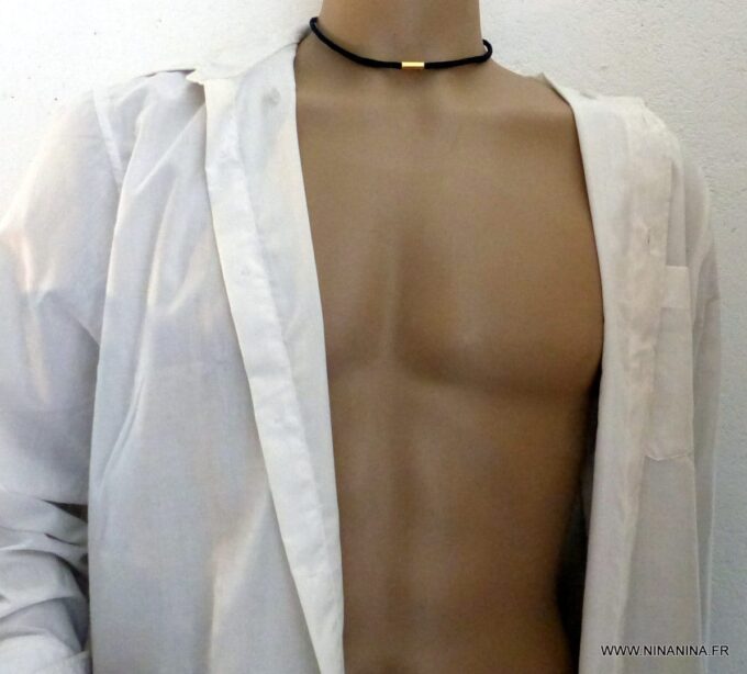 N4503d_Collier_homme_cuir_fermoir_Acier_inoxydable_dore_-_Bijoux_Colliers_en_ligne_Ninanina