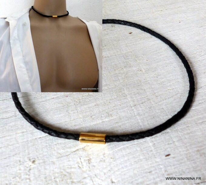 N4503e_Collier_homme_cuir_fermoir_Acier_inoxydable_dore_-_Bijoux_Colliers_en_ligne_Ninanina