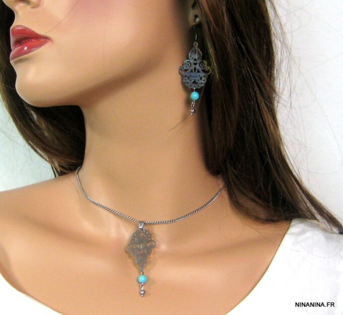 N4533c_boucles_doreilles_acier_inoxydable_et_turquoise