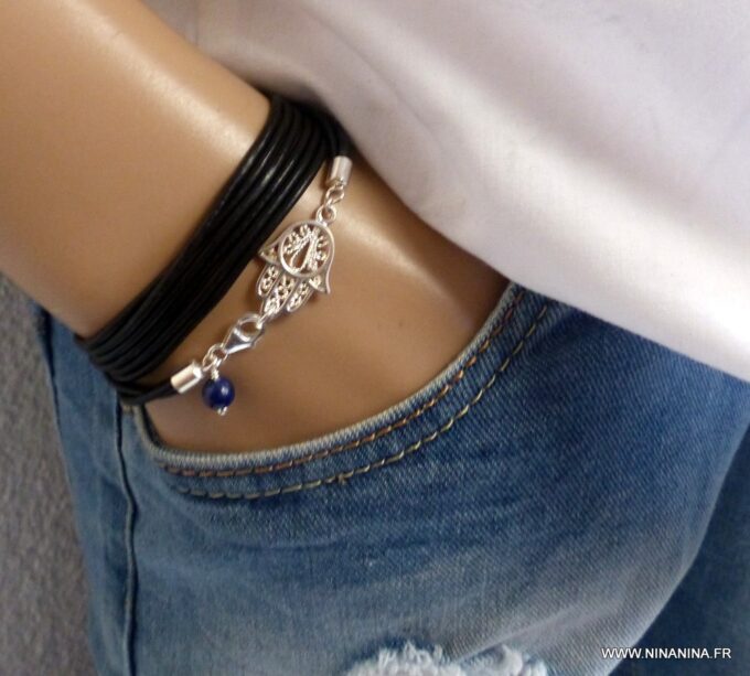 N4564_Bracelet_homme_femme_cordon_cuir_wrap_lapis_lazzuli_main_de_fatma_argent_925_massif_NINANINA