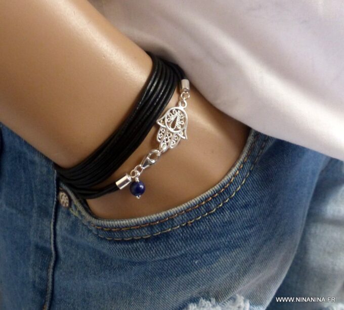 N4564c_Bracelet_homme_femme_cordon_cuir_wrap_lapis_lazzuli_main_de_fatma_argent_925_massif_NINANINA