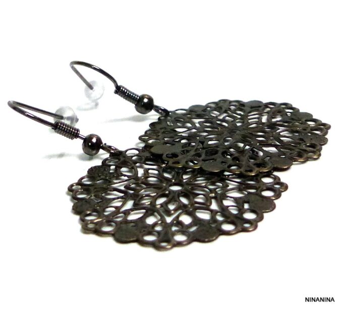 N456a_boucles_doreilles_femme_pendentif_rond_dentelle_metal_noir