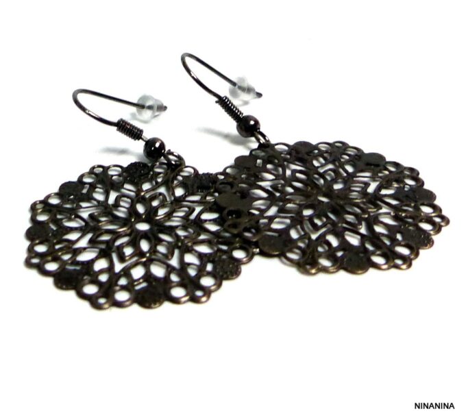 N456c_boucles_doreilles_femme_pendentif_rond_dentelle_metal_noir