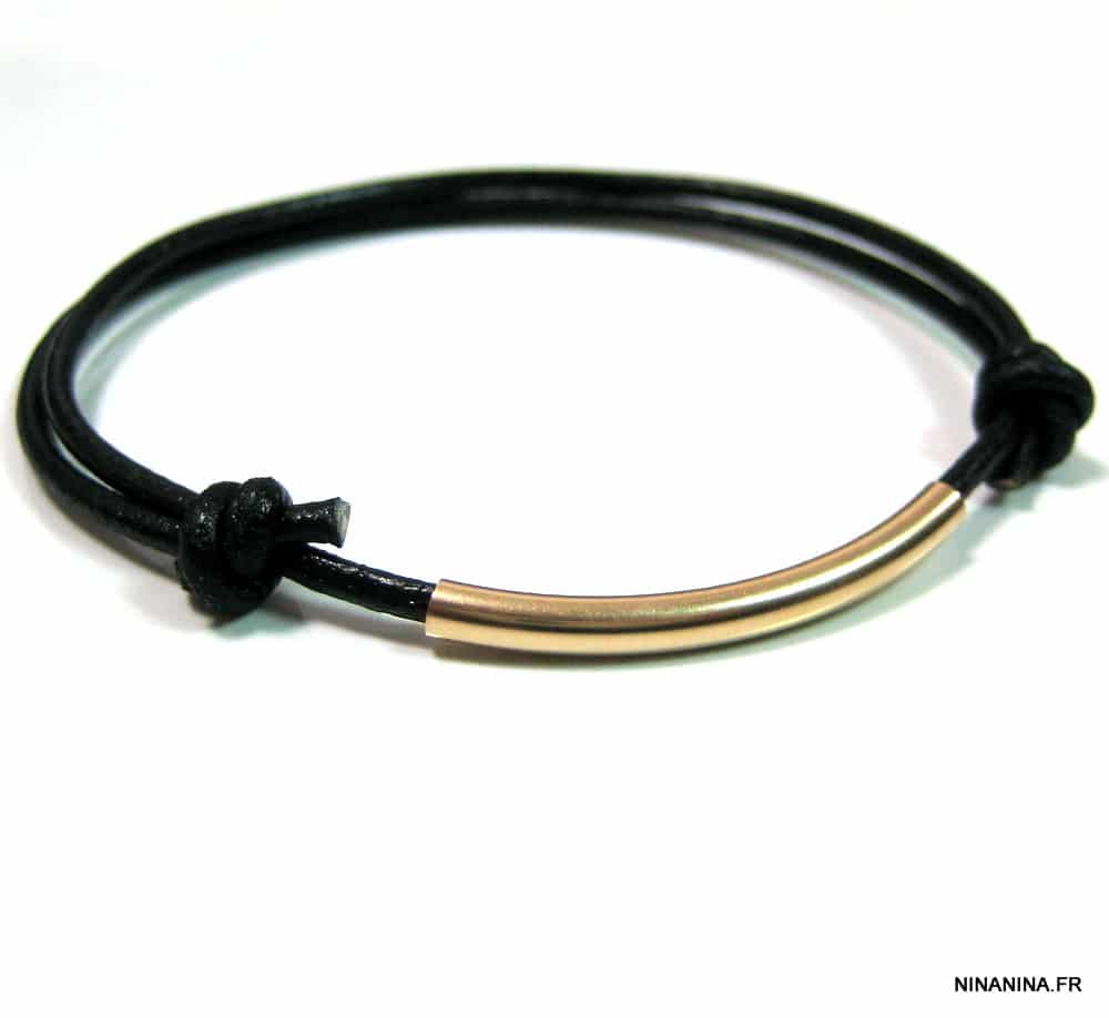 Bracelet homme cordon cuir tube argent 925 plaqué or 24 carats – Image 2