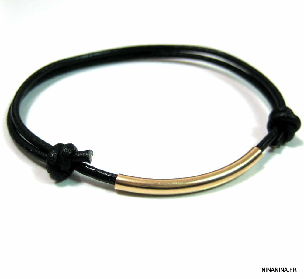 Bracelet homme cordon cuir tube argent 925 plaqué or 24 carats – Image 4