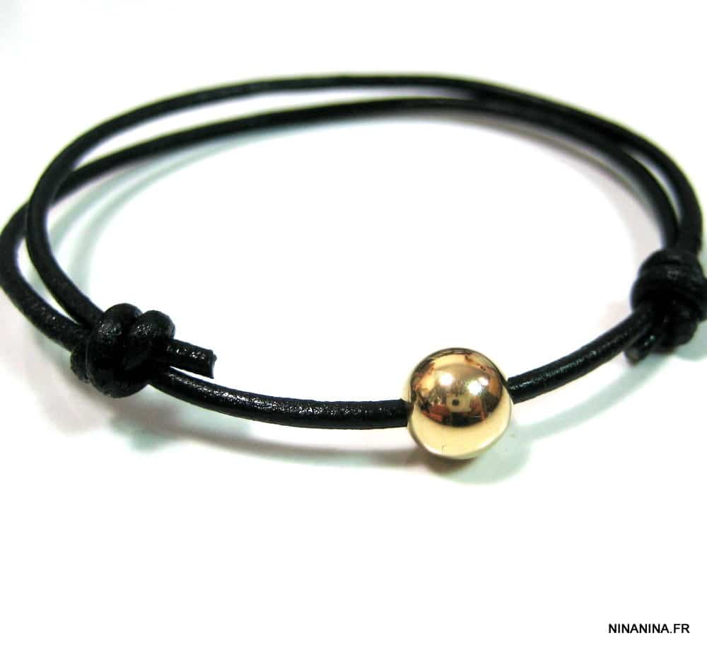 Bracelet cordon cuir boule Argent 925 plaqué or 24 carats – Image 4