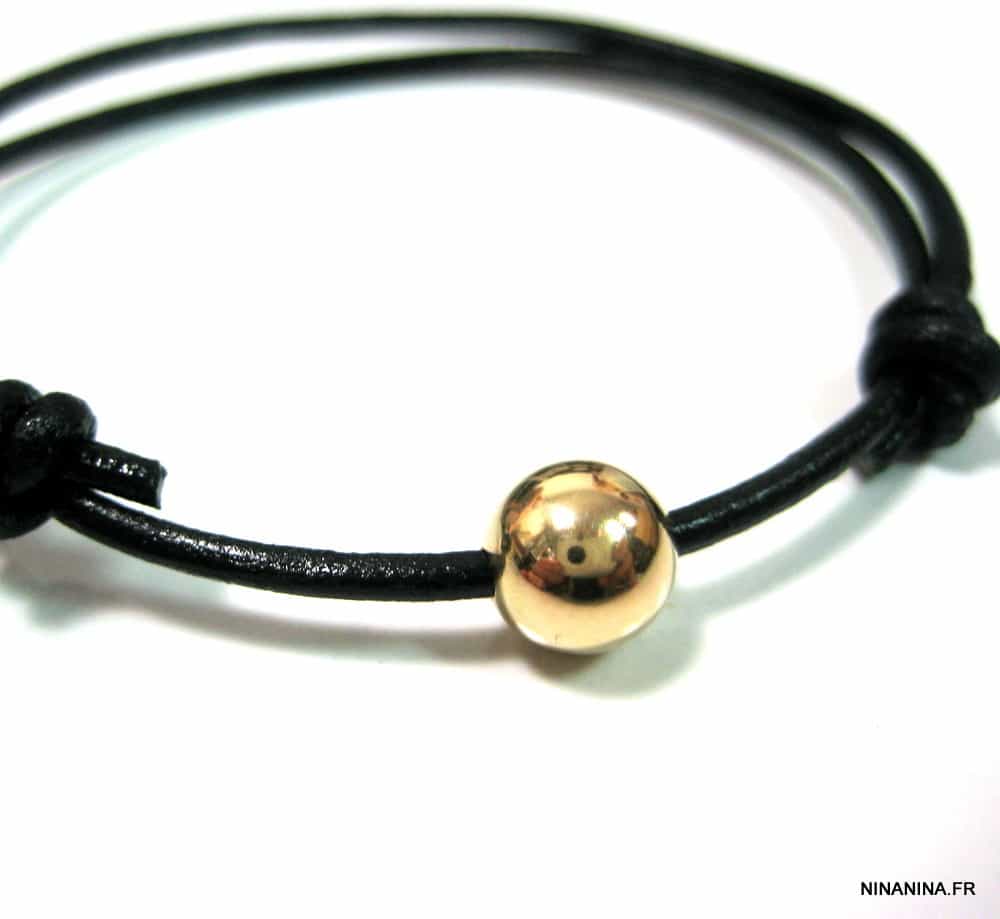 Bracelet cordon cuir boule Argent 925 plaqué or 24 carats – Image 5