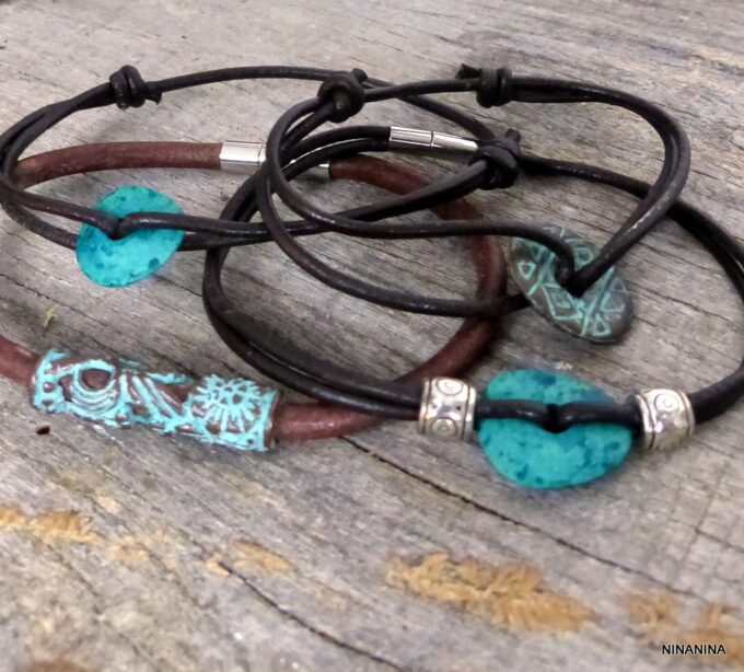 N4624terb_Bracelet_cordon_cuir_disque_turquoise