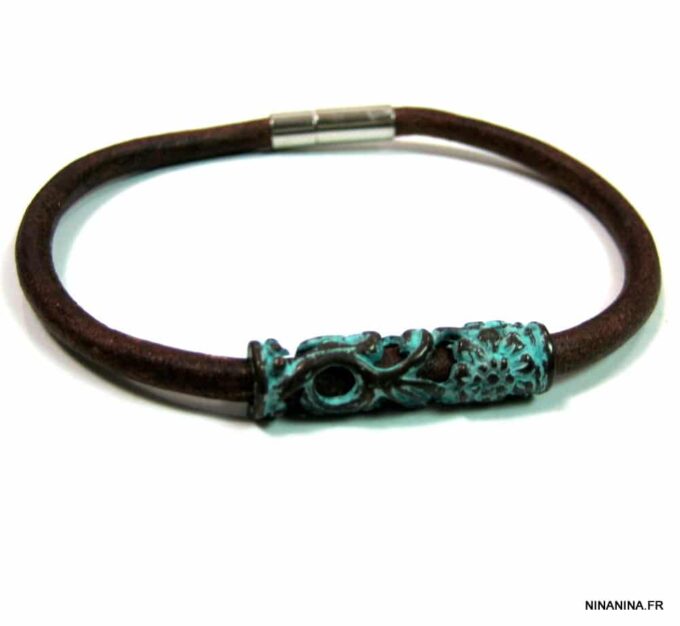 N4629a_bracelet_cuir_tube_turquoise_bronze